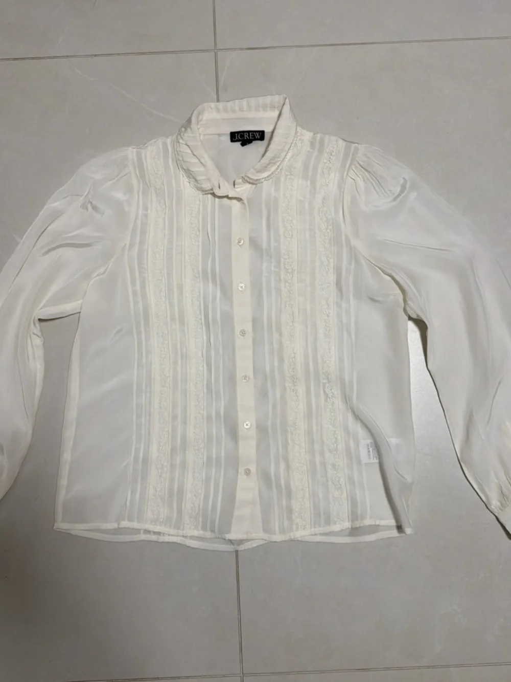 J. Crew Cream Lace-Trim Ruffled Collar Button-Down Blouse